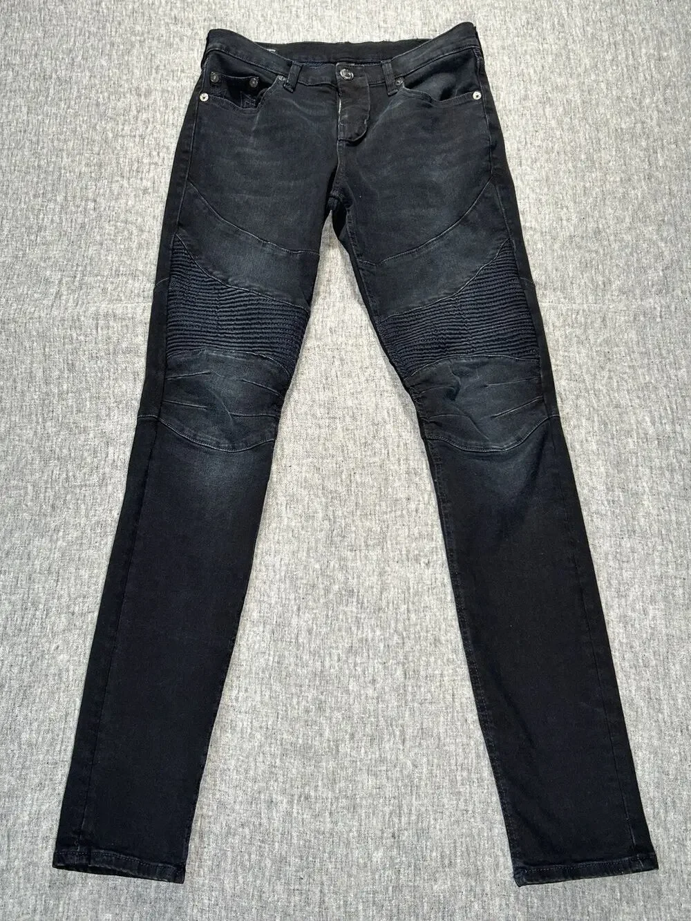 True Religion Rocco Moto Jeans Mens 28x34 Black Faded Relaxed Skinny Stretch